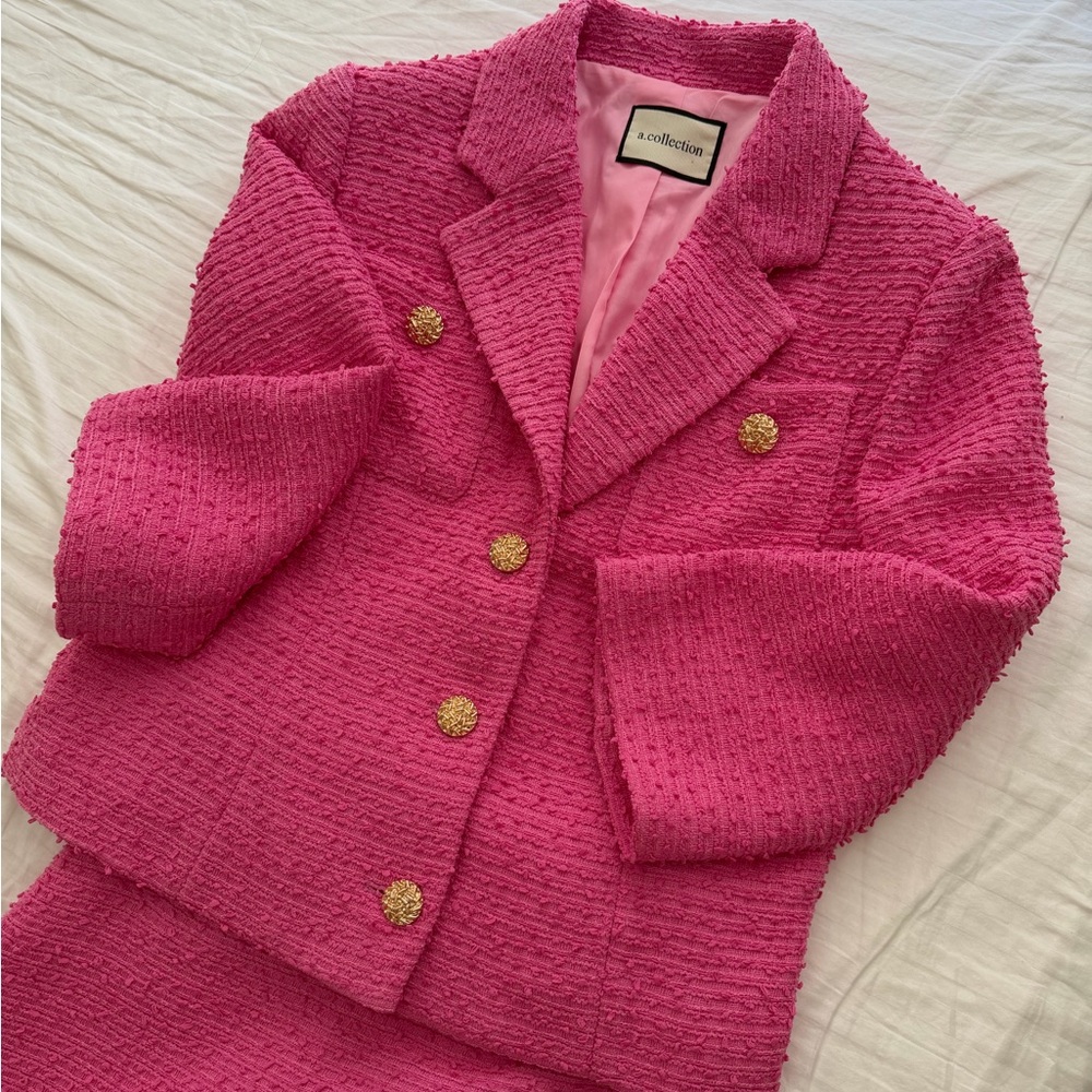 Tea Collection Fuchsia Textured Blazer with Gold Buttons and skirt (set of 2)